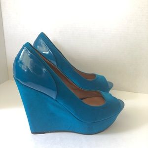 DARK TEAL OPEN-TOE WEDGES